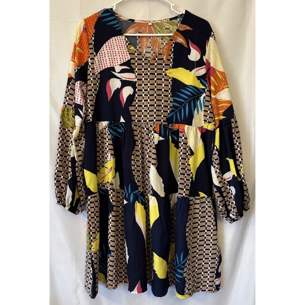 Amoretu Vibrant Tunic V Neck Tiered Shift Dress Geometric Botanical L Vaca Beach